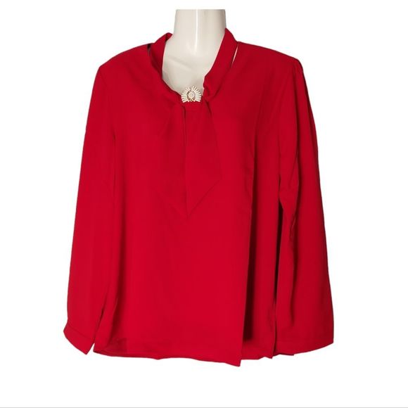 Red Tie Neck Blouse with Rhinestone Brooch NWT - Picture 2 of 13